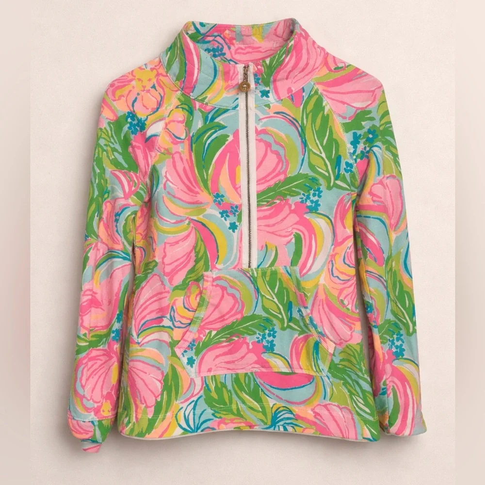 Lilly Pulitzer Floral Half Zip Pullover Jacket Pink Green Blue Medium - Picture 1 of 14